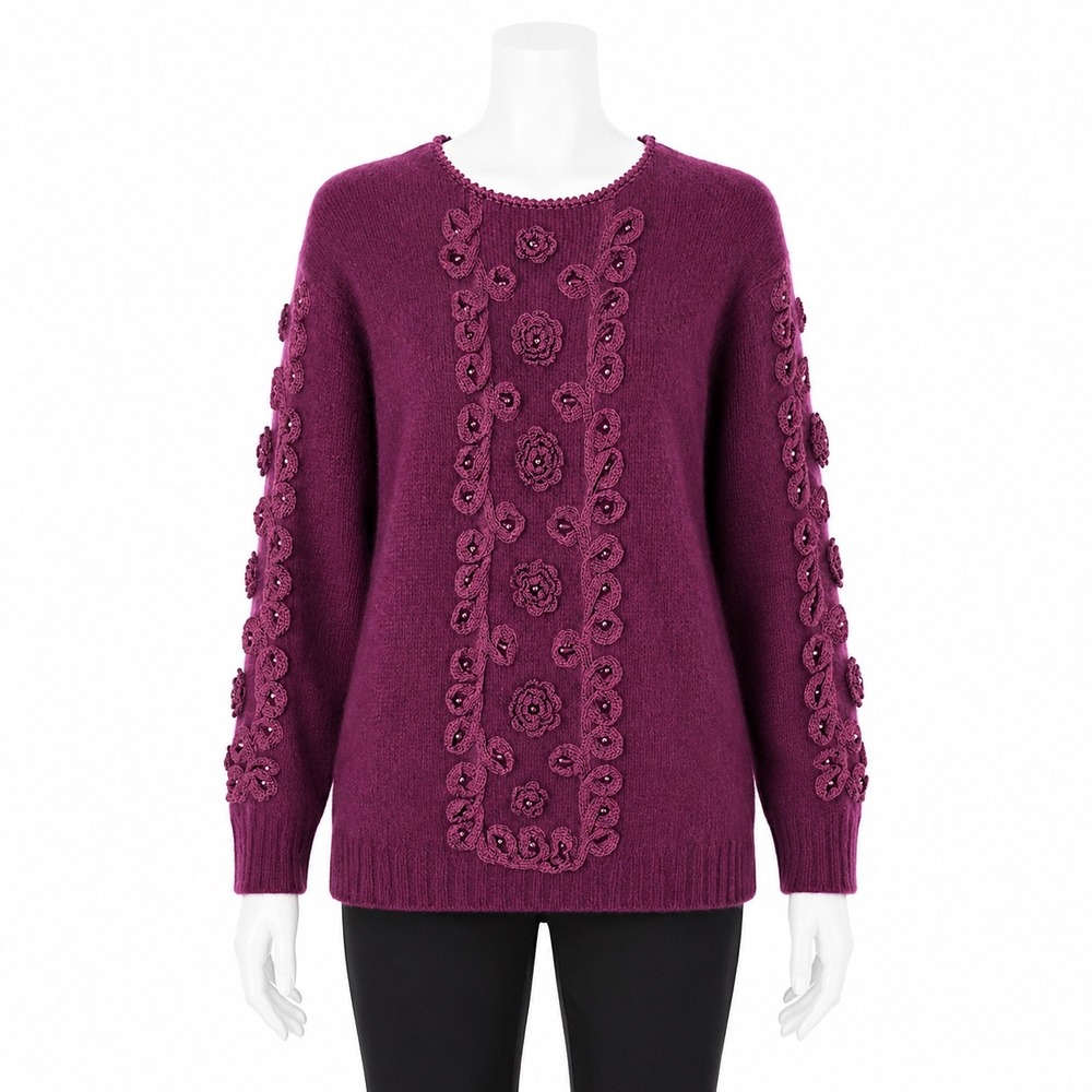 Belldini Angora‎ Sweater Medium Purple Floral 3D Crochet Beaded Pullover Vintage